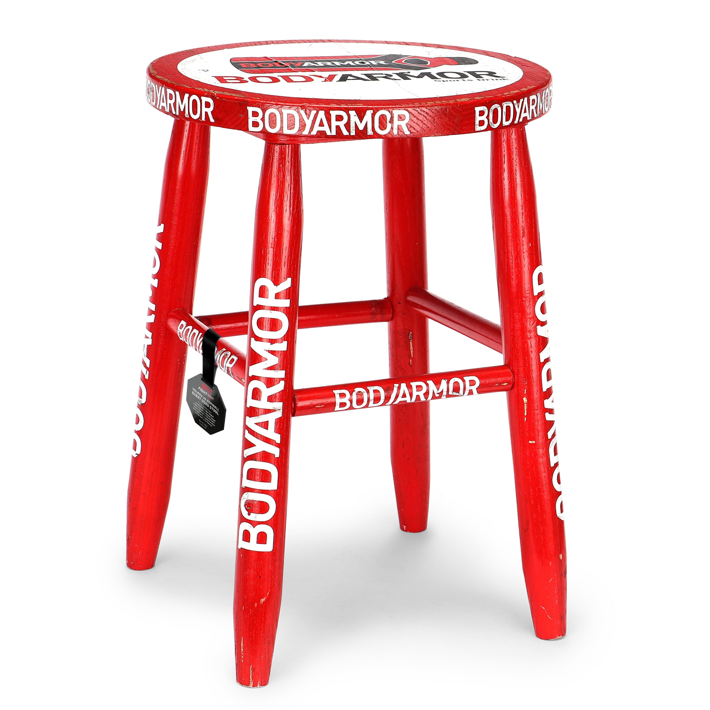 Red corner stool used at UFC Fight Night: Volkov vs. Aspinall, showcasing wear from event usage.