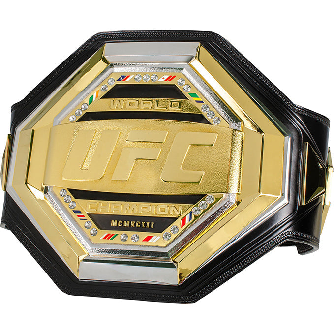 UFC Legacy Championship Replica Belt showcasing gold and silver plating with stones and flags.