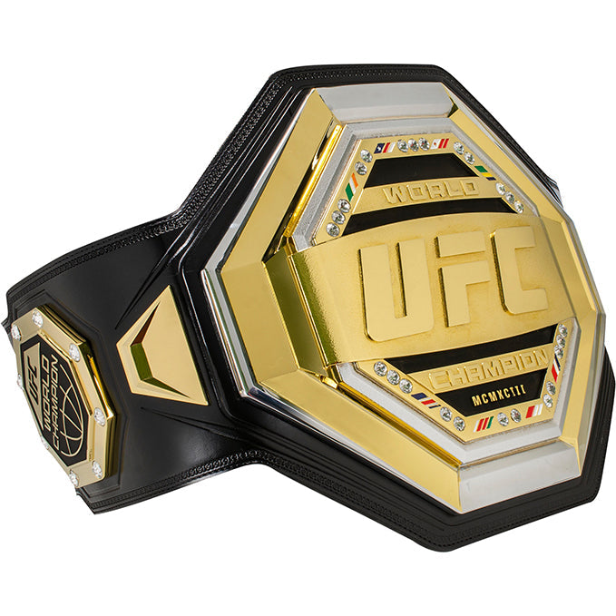 UFC Legacy Championship Replica Belt showcasing gold and silver plating with stones and flags.