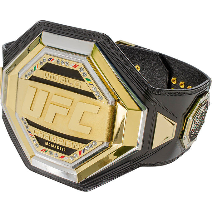 UFC Legacy Championship Replica Belt showcasing gold and silver plating with stones and flags.