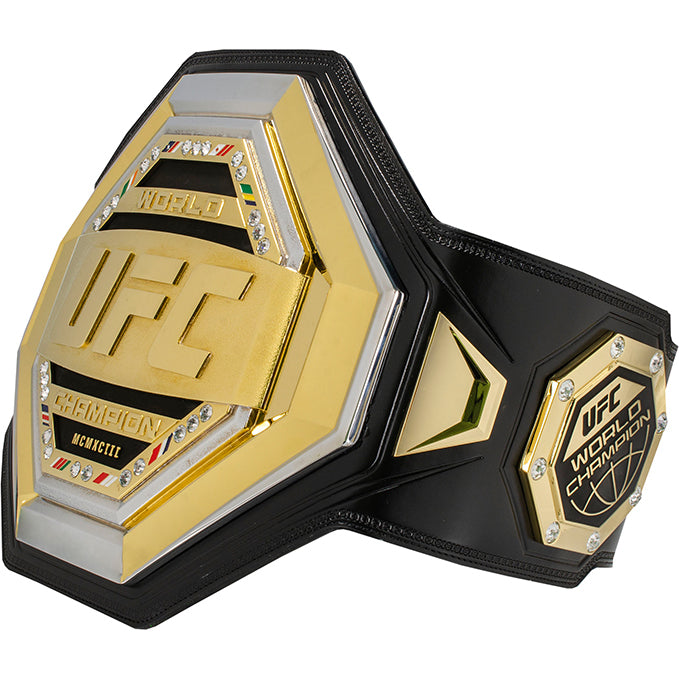 UFC Legacy Championship Replica Belt showcasing gold and silver plating with stones and flags.