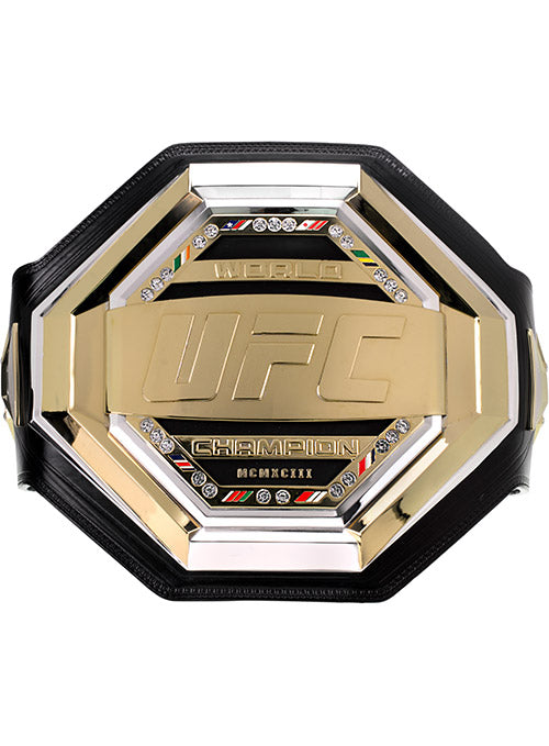 UFC Legacy Championship Replica Belt showcasing gold and silver plating with stones and flags.