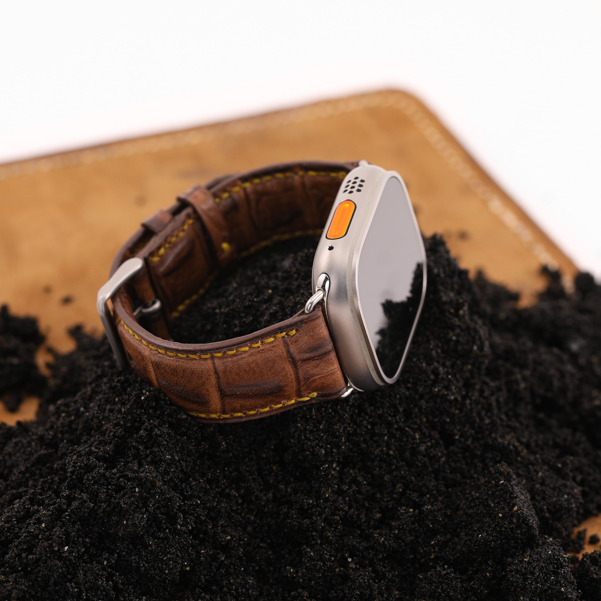 Ultra Apple Band handcrafted from genuine full grain leather with heavy duty hardware, showcasing premium finish and unique design.