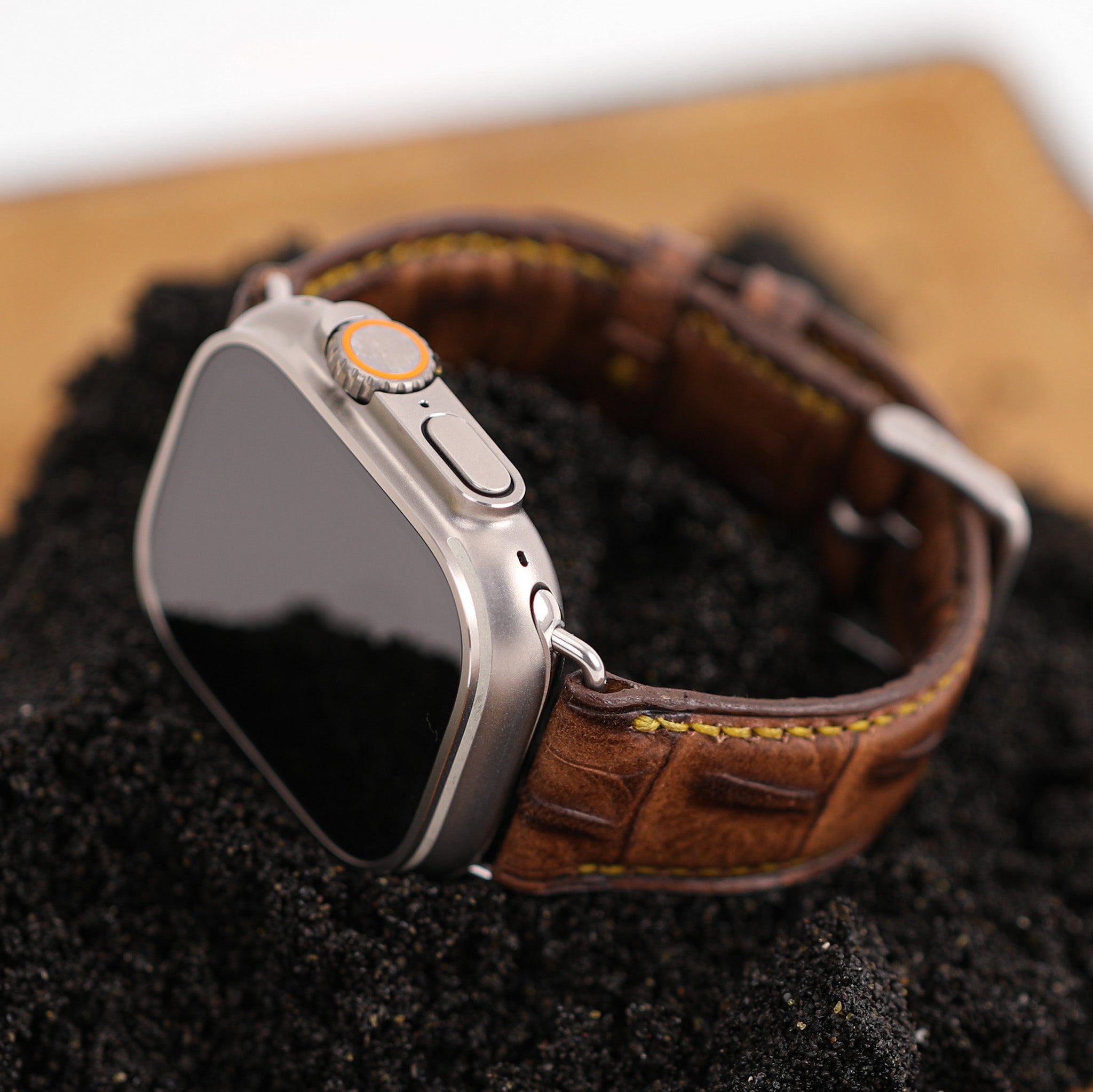 Ultra Apple Band handcrafted from genuine full grain leather with heavy duty hardware, showcasing premium finish and unique design.