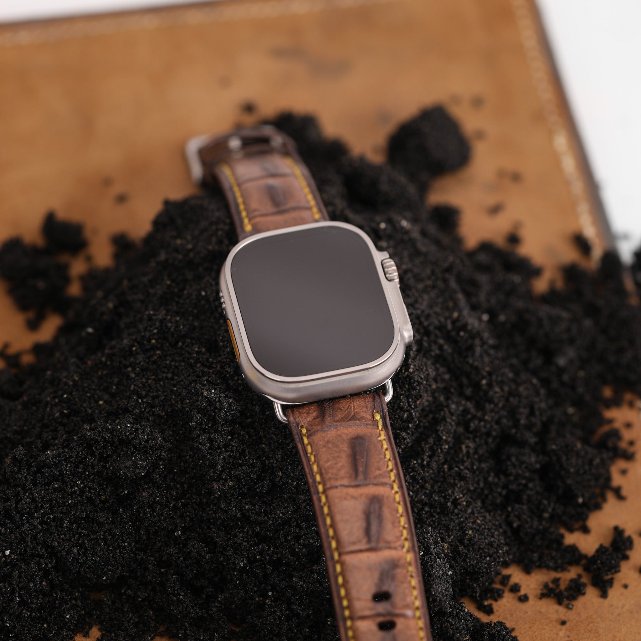 Ultra Apple Band handcrafted from genuine full grain leather with heavy duty hardware, showcasing premium finish and unique design.