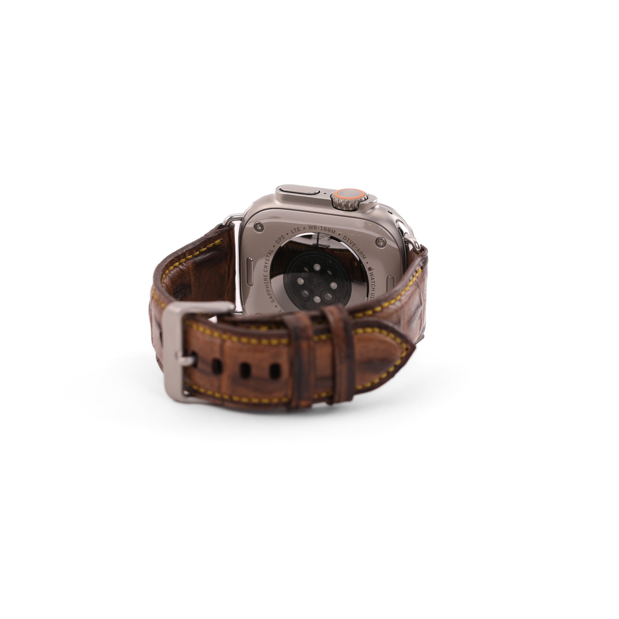 Ultra Apple Band handcrafted from genuine full grain leather with heavy duty hardware, showcasing premium finish and unique design.