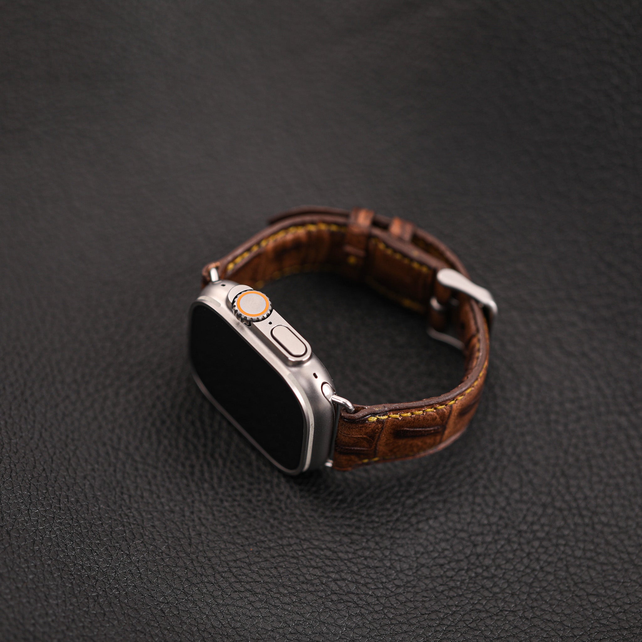 Ultra Apple Band handcrafted from genuine full grain leather with heavy duty hardware, showcasing premium finish and unique design.