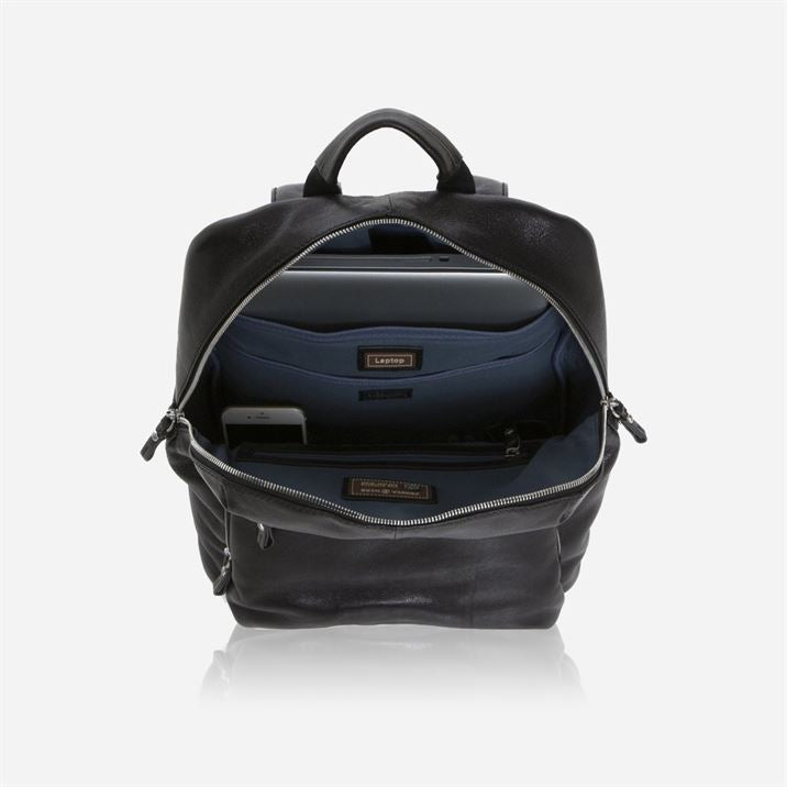 Unisex Backpack 40cm in Soft Black, featuring a tall slim design with double zip closures and spacious compartments.