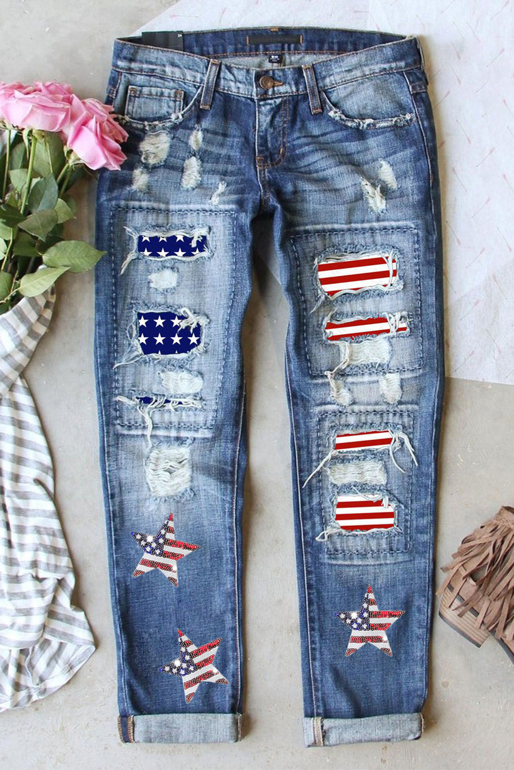 A pair of US Flag Mid-Rise Waist Straight Jeans featuring a distressed design, showcasing the classic straight leg cut and mid-rise waist.