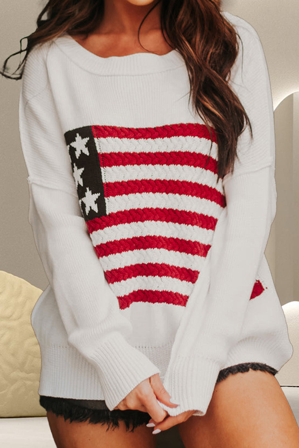 US Flag Round Neck Long Sleeve Knit Top featuring a stylish slit and comfortable fit, perfect for patriotic occasions.