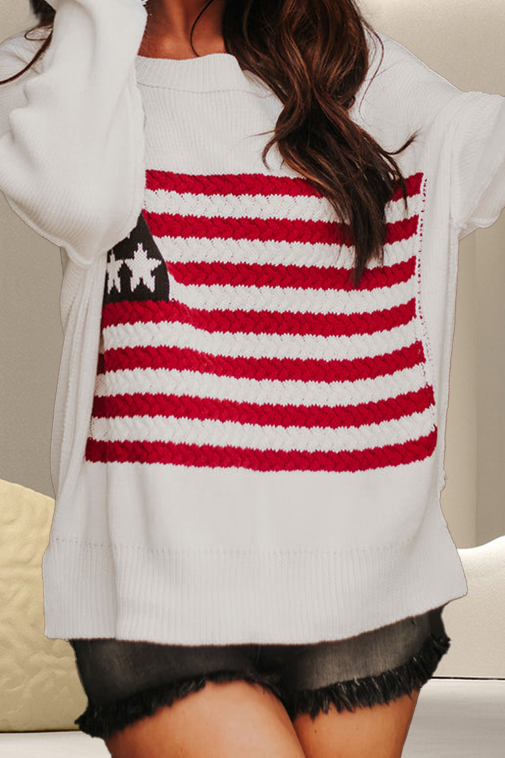 US Flag Round Neck Long Sleeve Knit Top featuring a stylish slit and comfortable fit, perfect for patriotic occasions.