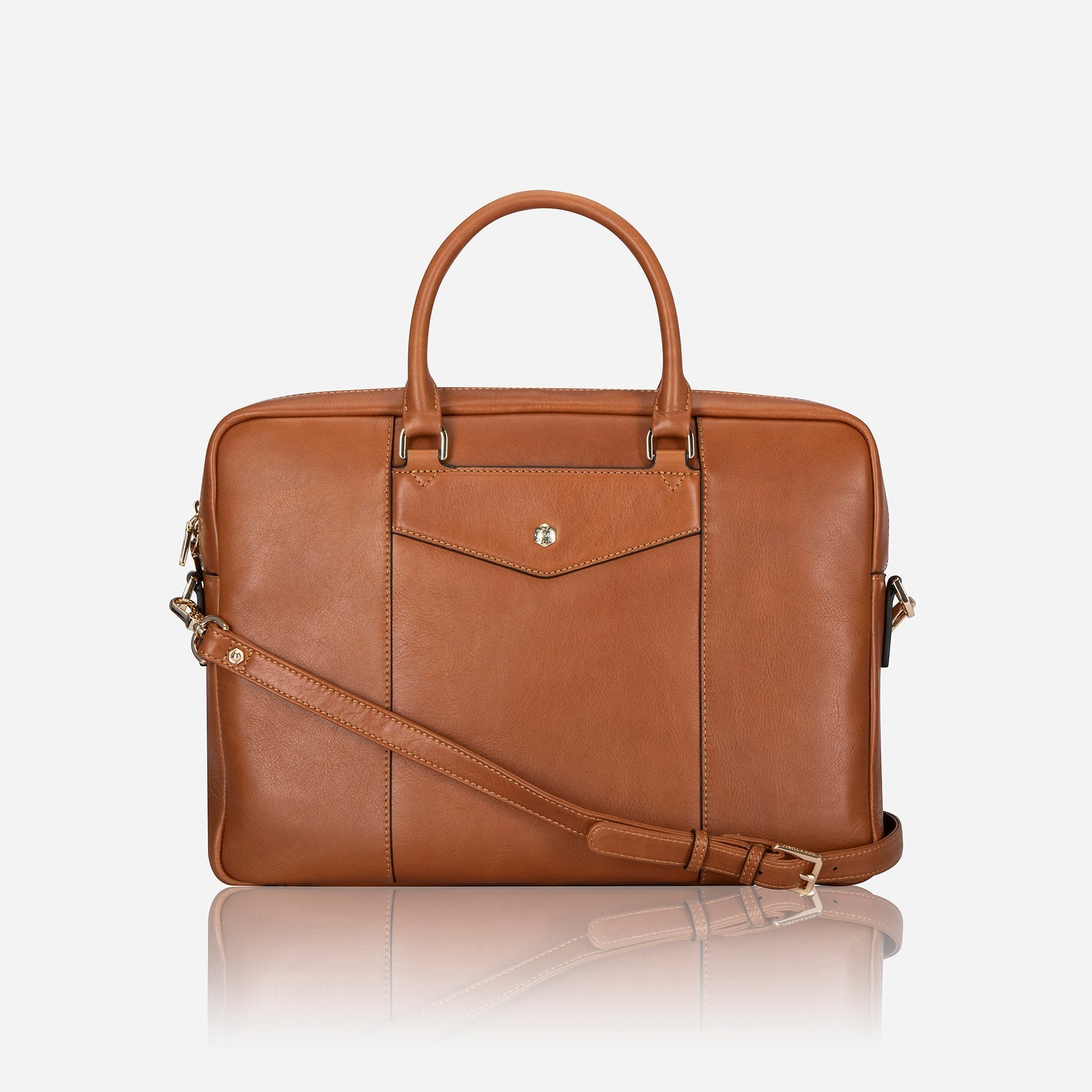 Venice Ladies Laptop Bag in Tan, featuring a sleek leather design with multiple pockets and an adjustable shoulder strap.