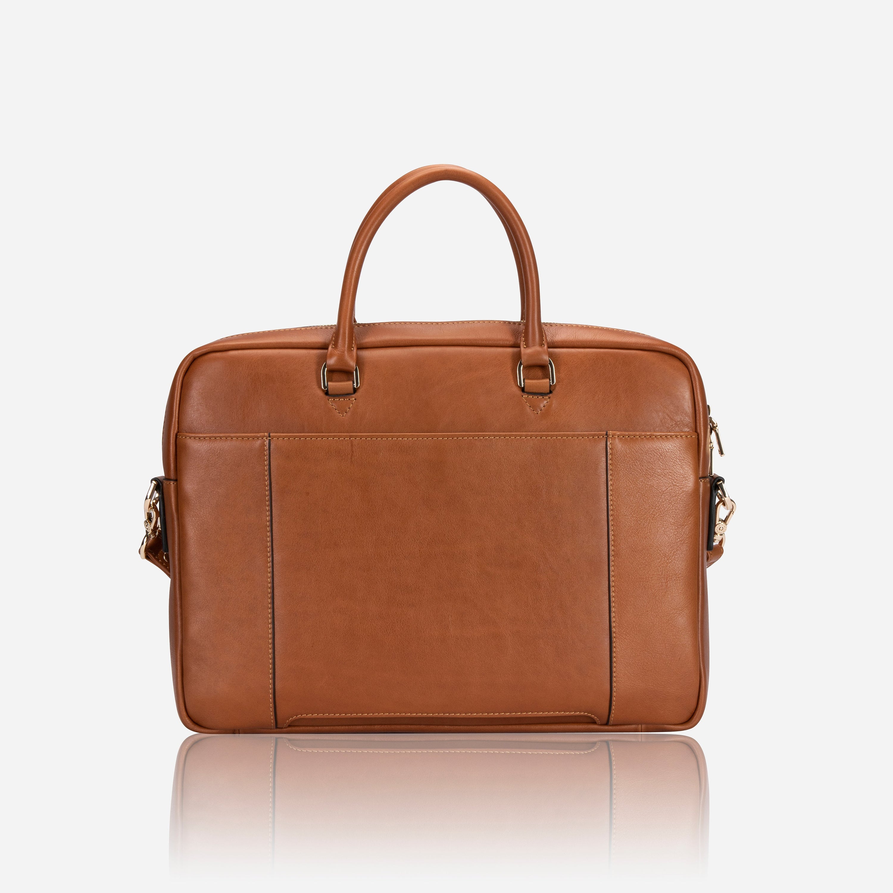 Venice Ladies Laptop Bag in Tan, featuring a sleek leather design with multiple pockets and an adjustable shoulder strap.