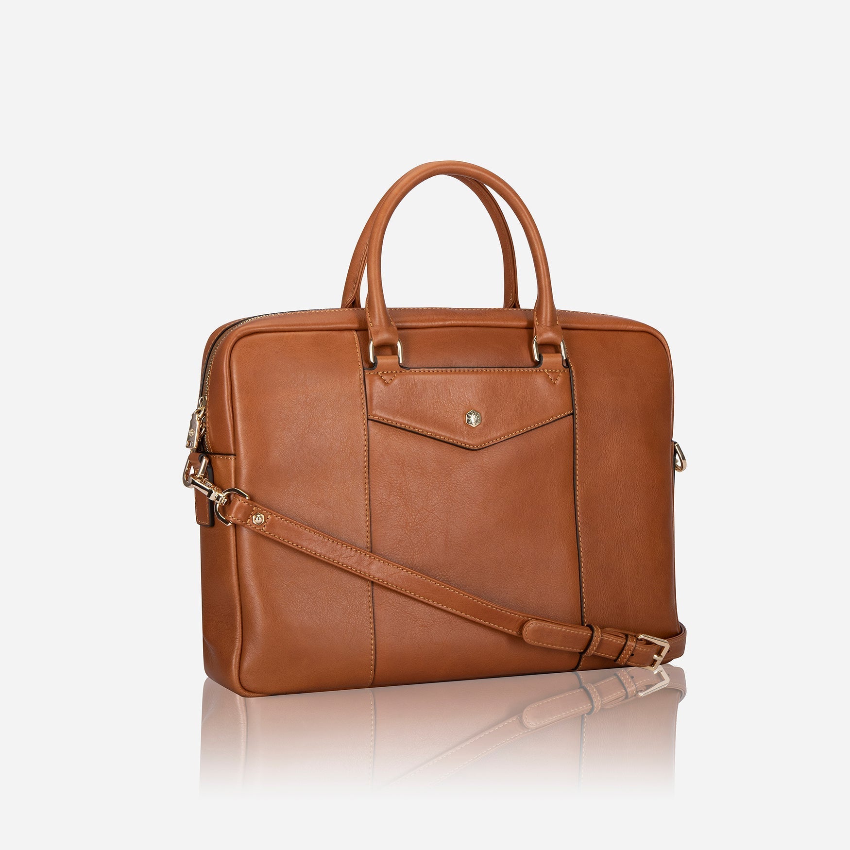 Venice Ladies Laptop Bag in Tan, featuring a sleek leather design with multiple pockets and an adjustable shoulder strap.