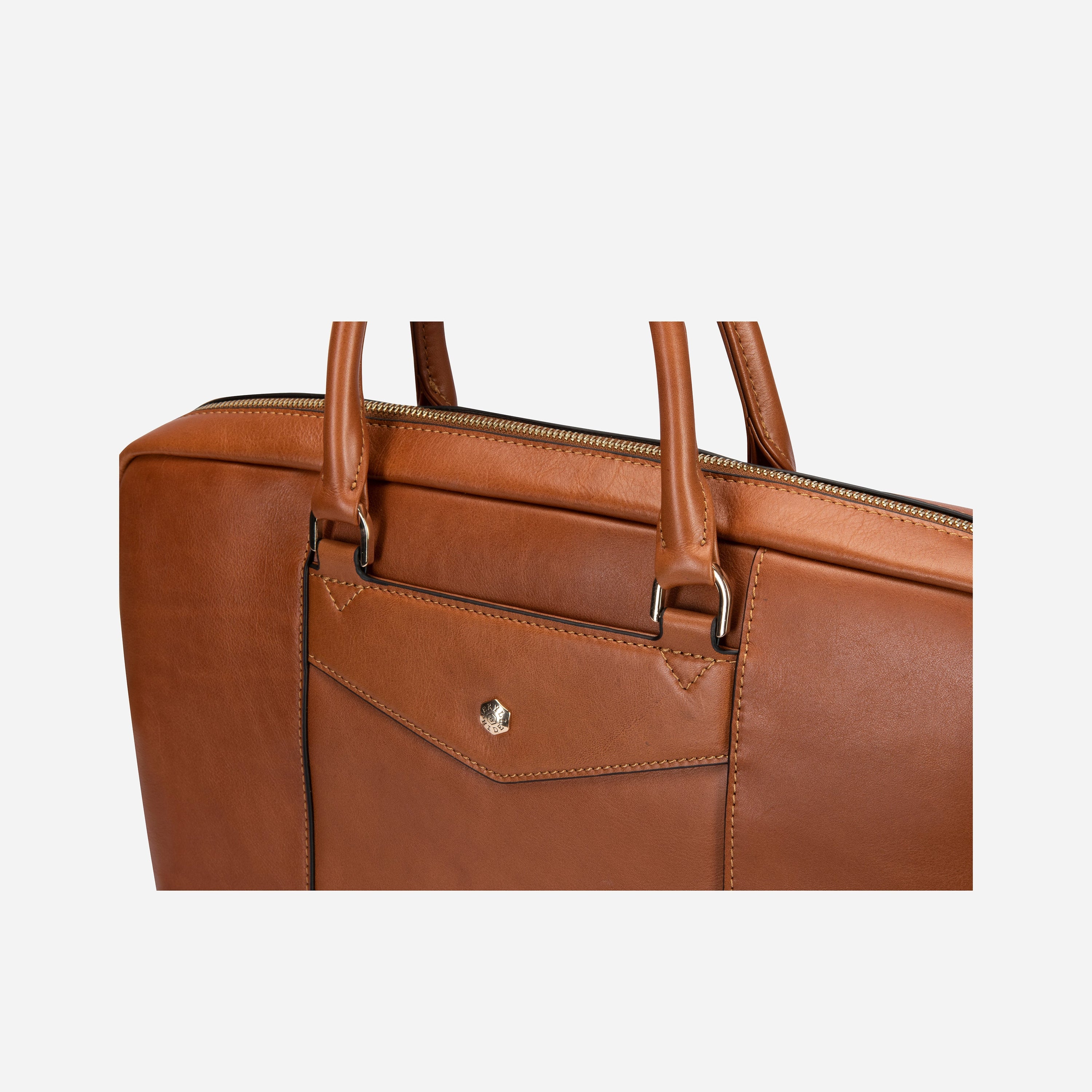 Venice Ladies Laptop Bag in Tan, featuring a sleek leather design with multiple pockets and an adjustable shoulder strap.