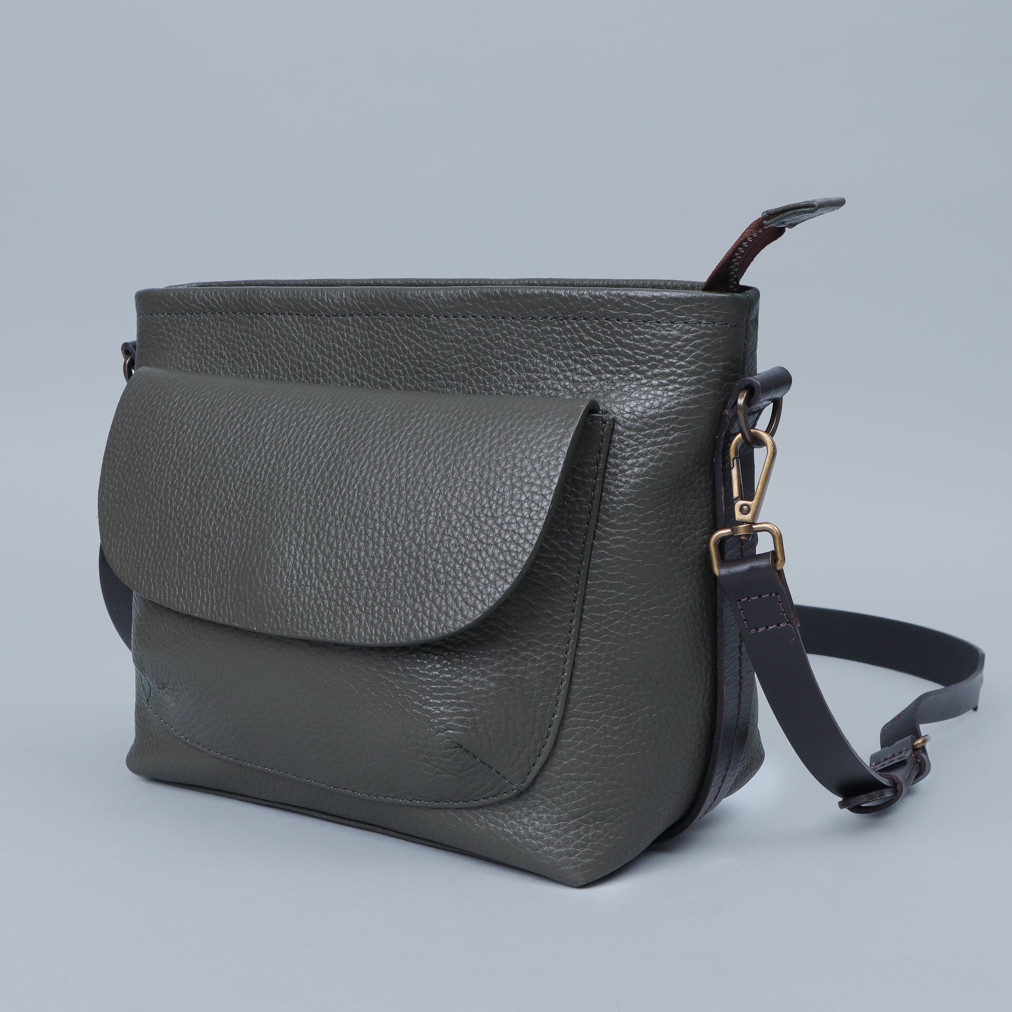 Victoria Crossbody Bag made from premium full grain leather with multiple pockets and antique brass hardware.