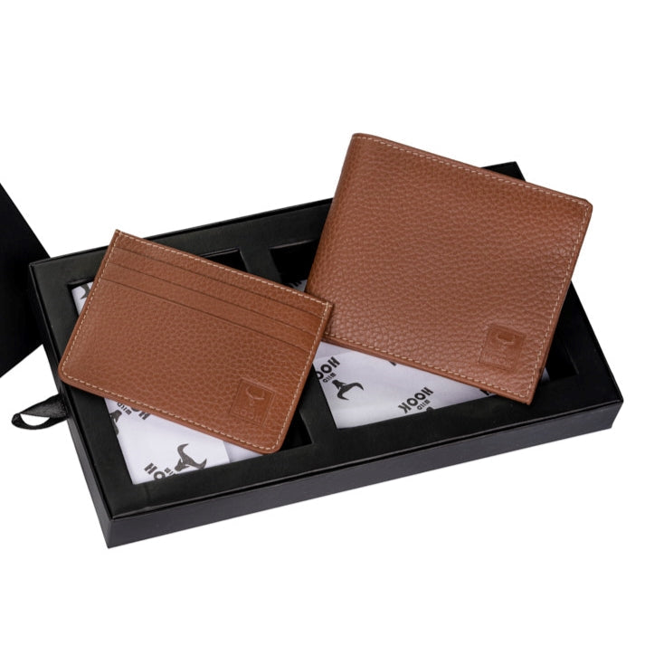 A stylish Wallet Gift Set for Men featuring a premium leather wallet and cardholder in a sleek black gift box.