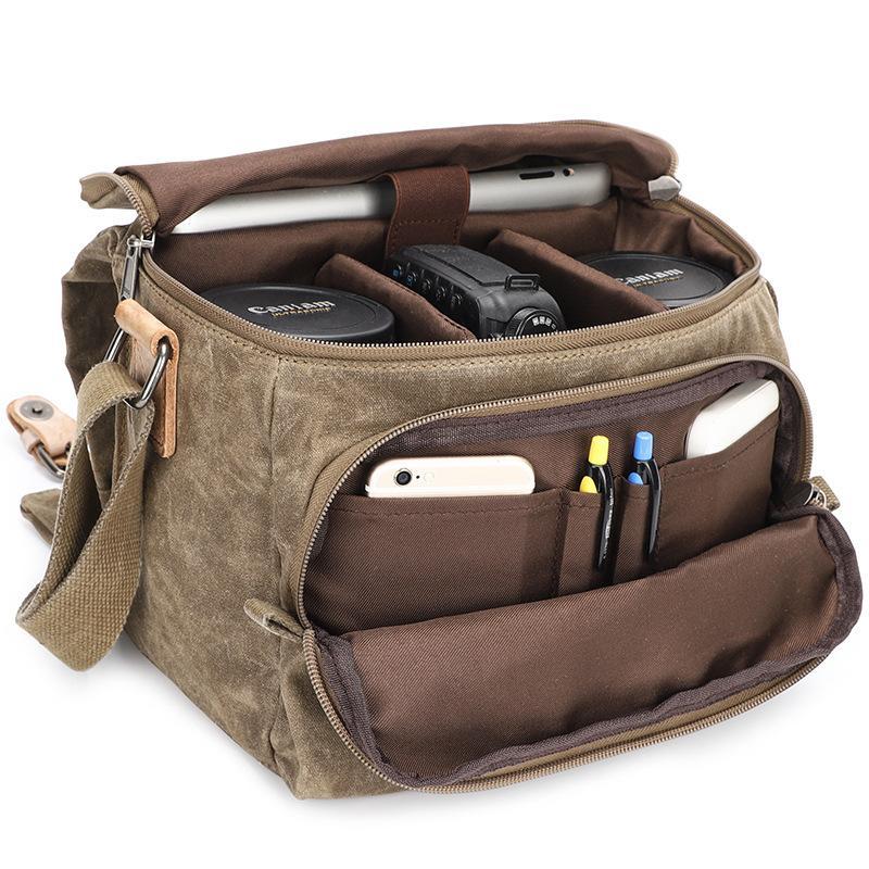 Waterproof canvas camera messenger bag for men, featuring batik canvas and cowhide, designed for photography and travel.