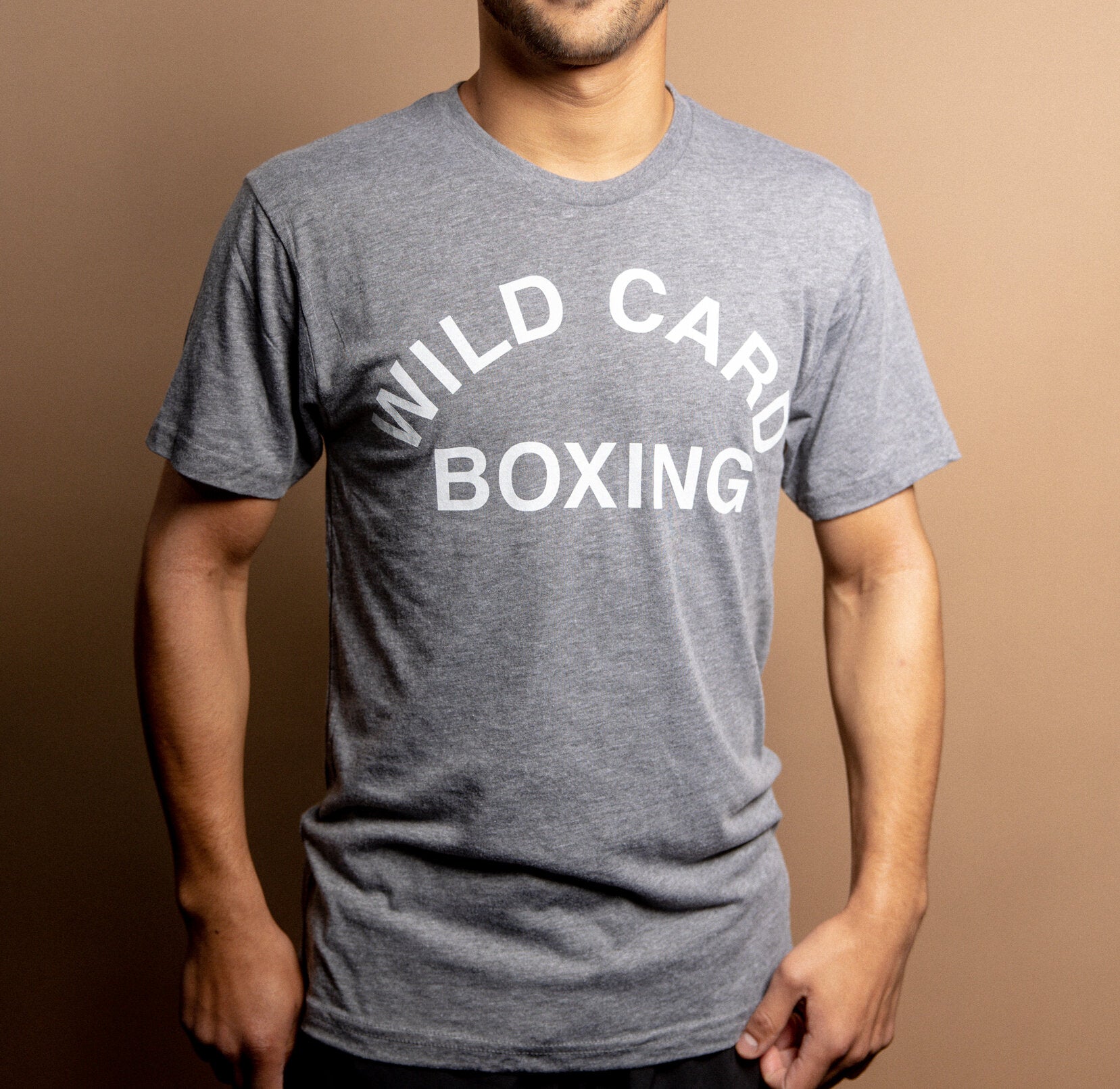 WCB Old School Logo T-Shirt in Grey and White, featuring classic Wild Card Boxing design and soft triblend material.