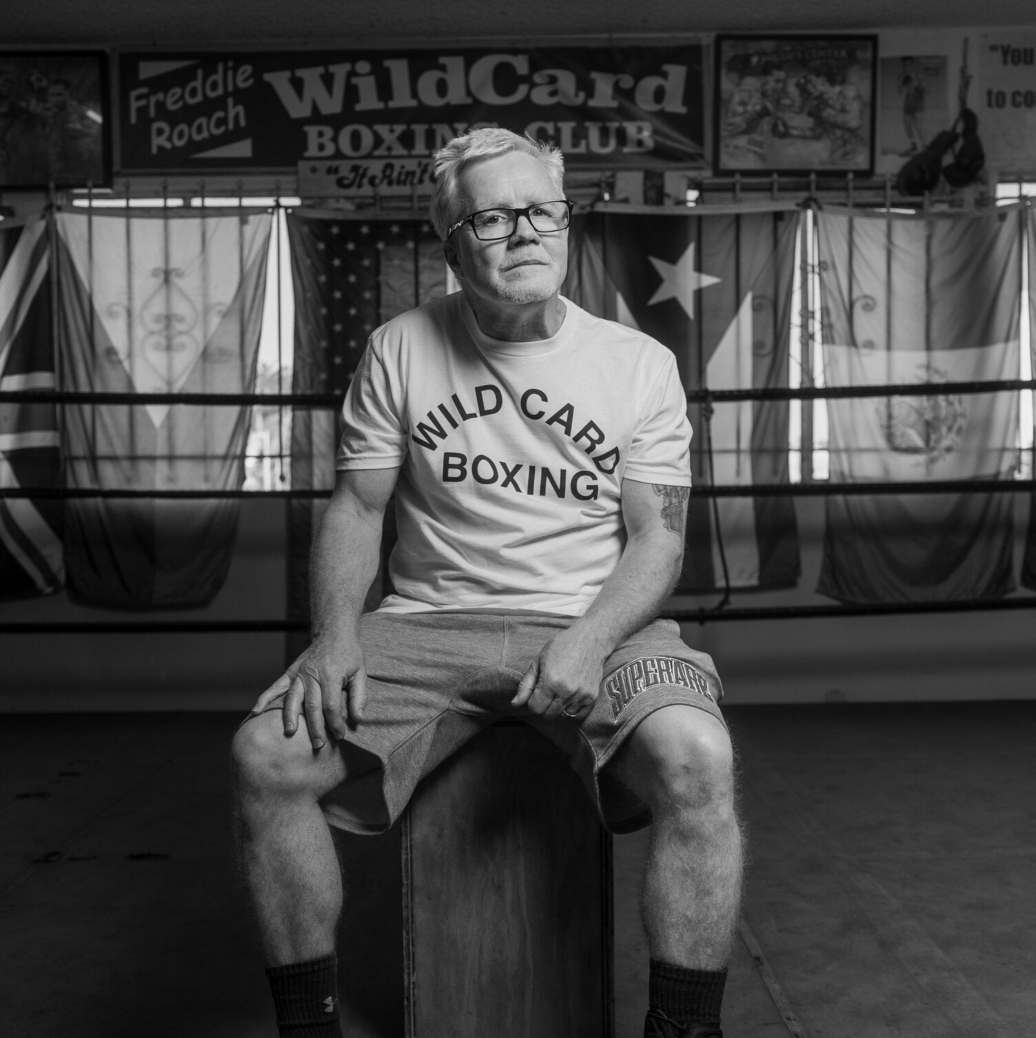 WCB Old School Logo T-Shirt in white and black, featuring classic Wild Card Boxing design, soft triblend material, and athletic fit.