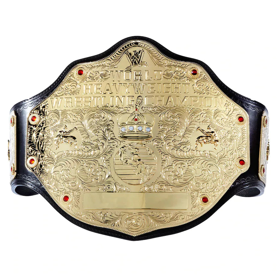 WWE World Heavyweight Championship Commemorative Title Belt displayed with intricate details and snap fasteners.