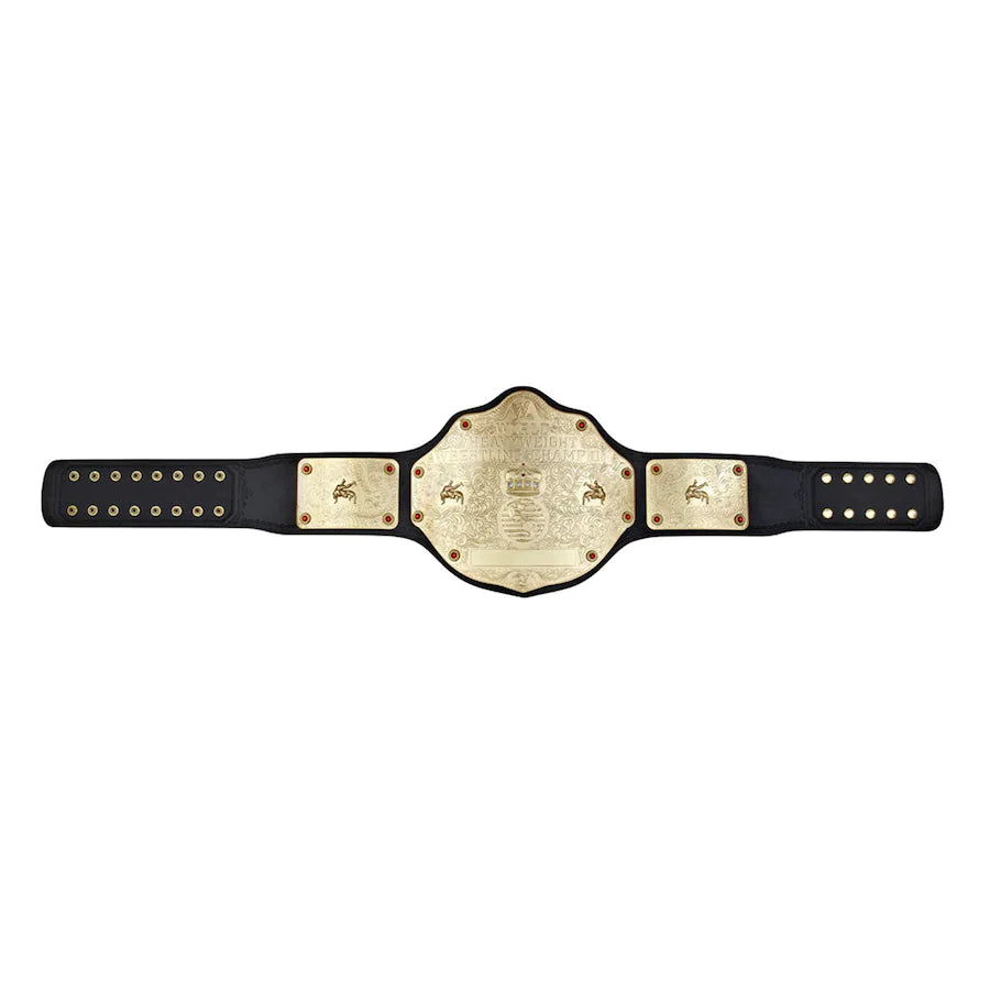 WWE World Heavyweight Championship Commemorative Title Belt displayed with intricate details and snap fasteners.