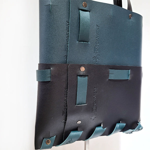 Weaveasy Block Tote Bag featuring customizable color straps and an adjustable strap, with a DiSCARVERY pouch bag included.