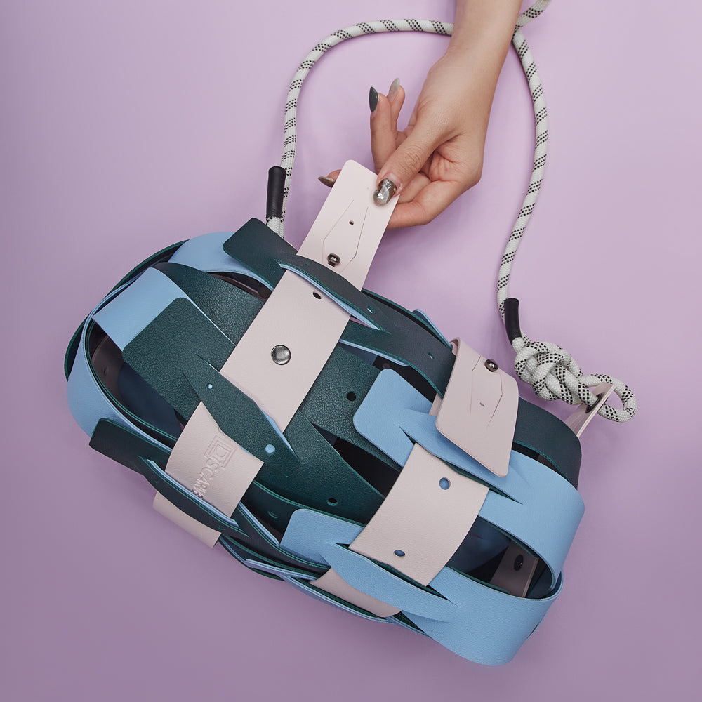 Weaveasy Ellipsoid Max Bag with colorful straps and adjustable design, showcasing its unique customizable features.