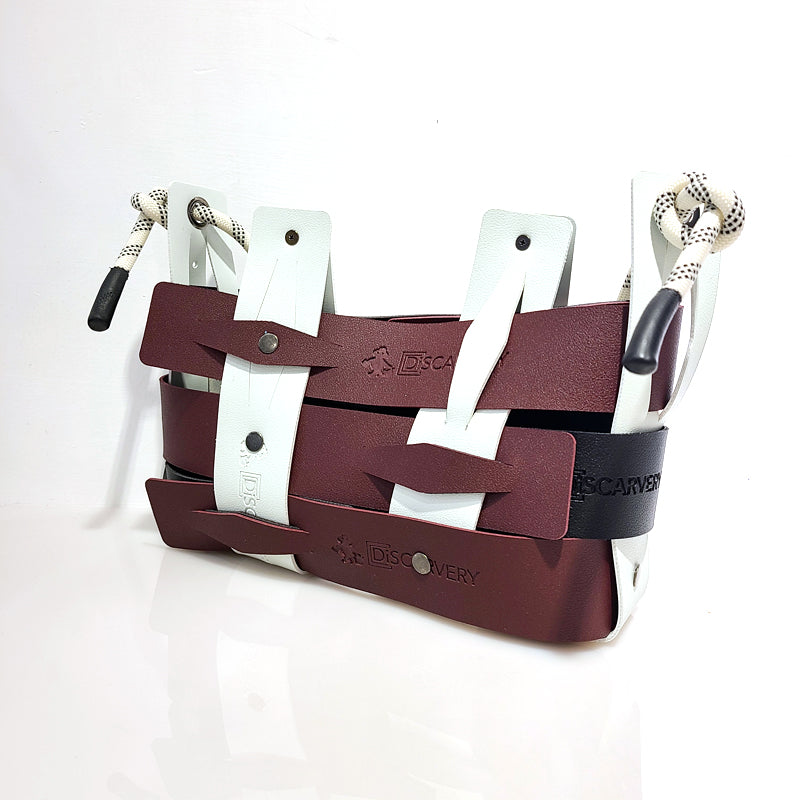 Weaveasy Flat Bag with colorful straps and adjustable design, showcasing a compact size and included Discovery pouch.