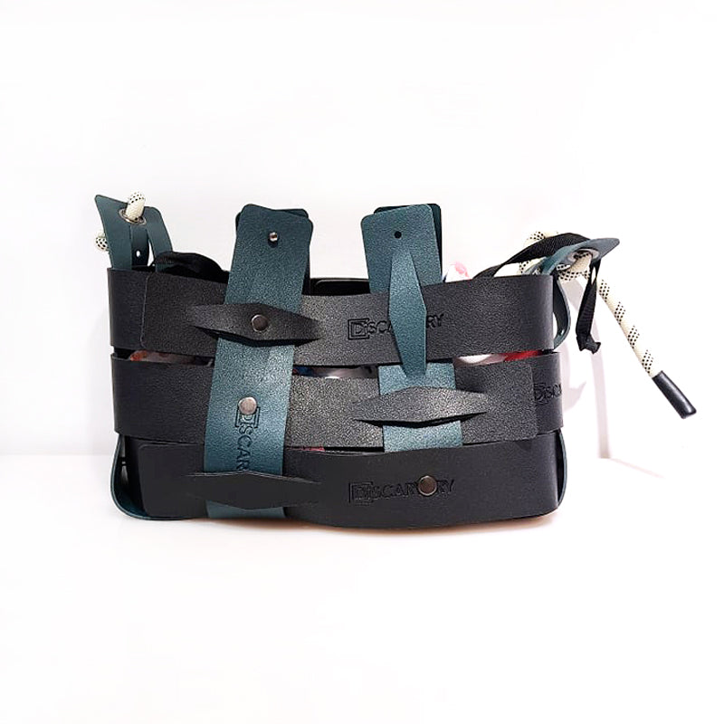 Weaveasy Flat Bag with colorful straps and adjustable design, showcasing a compact size and included Discovery pouch.