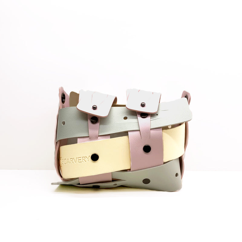 Weaveasy Mini Bag with colorful straps and adjustable design, featuring a DiSCARVERY pouch and white rope.