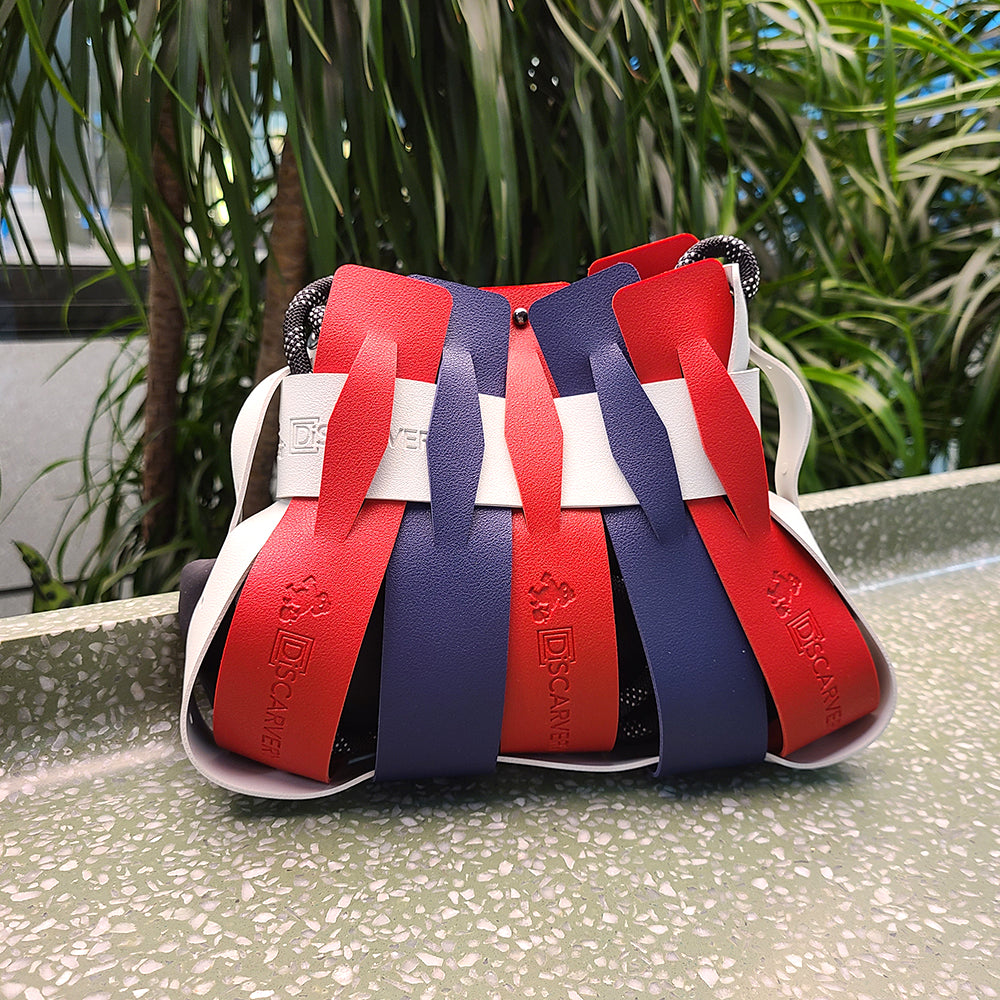 Weaveasy Swing Mini Bag with colorful straps and adjustable design, showcasing the DiSCARVERY pouch bag.