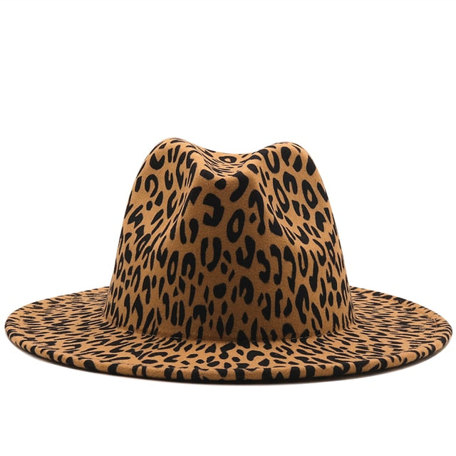 Wide brim leopard print wool felt hat with red bottom, stylish and casual design for women.