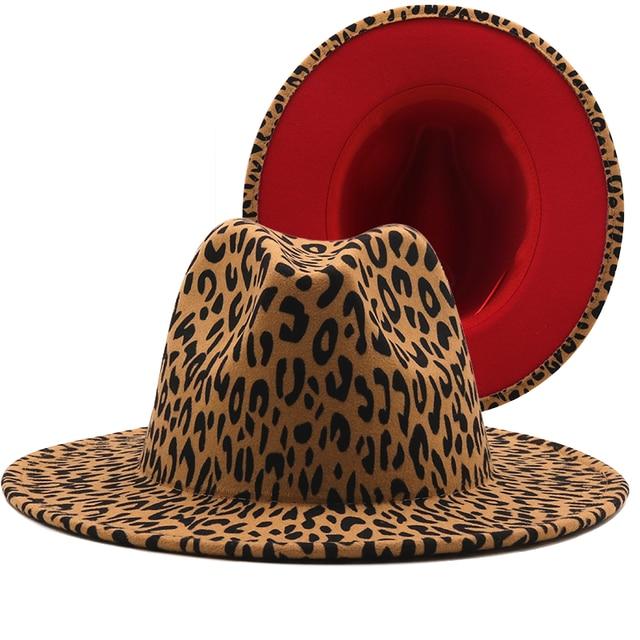 Wide brim leopard print wool felt hat with red bottom, stylish and casual design for women.