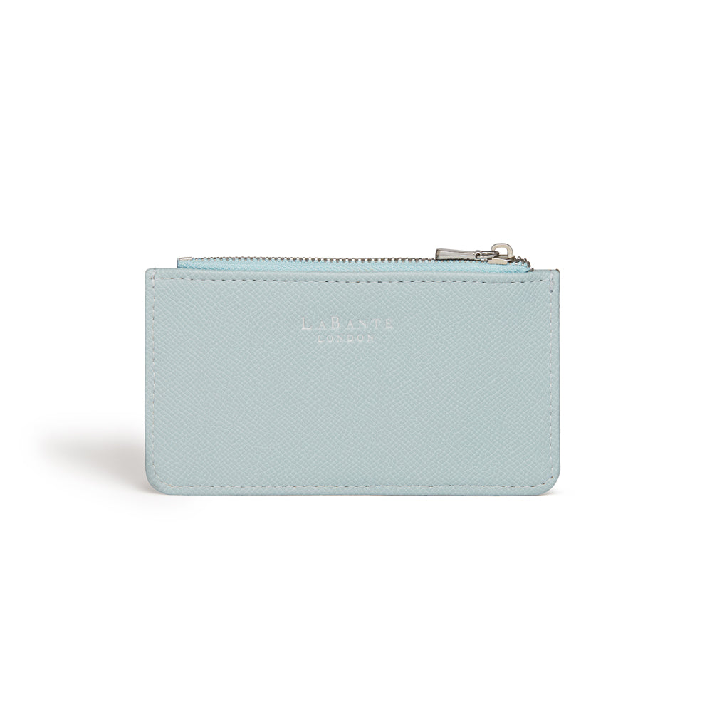 Willow Light Blue Coin and Card Holder made from vegan leather with zipped compartment and card slots.