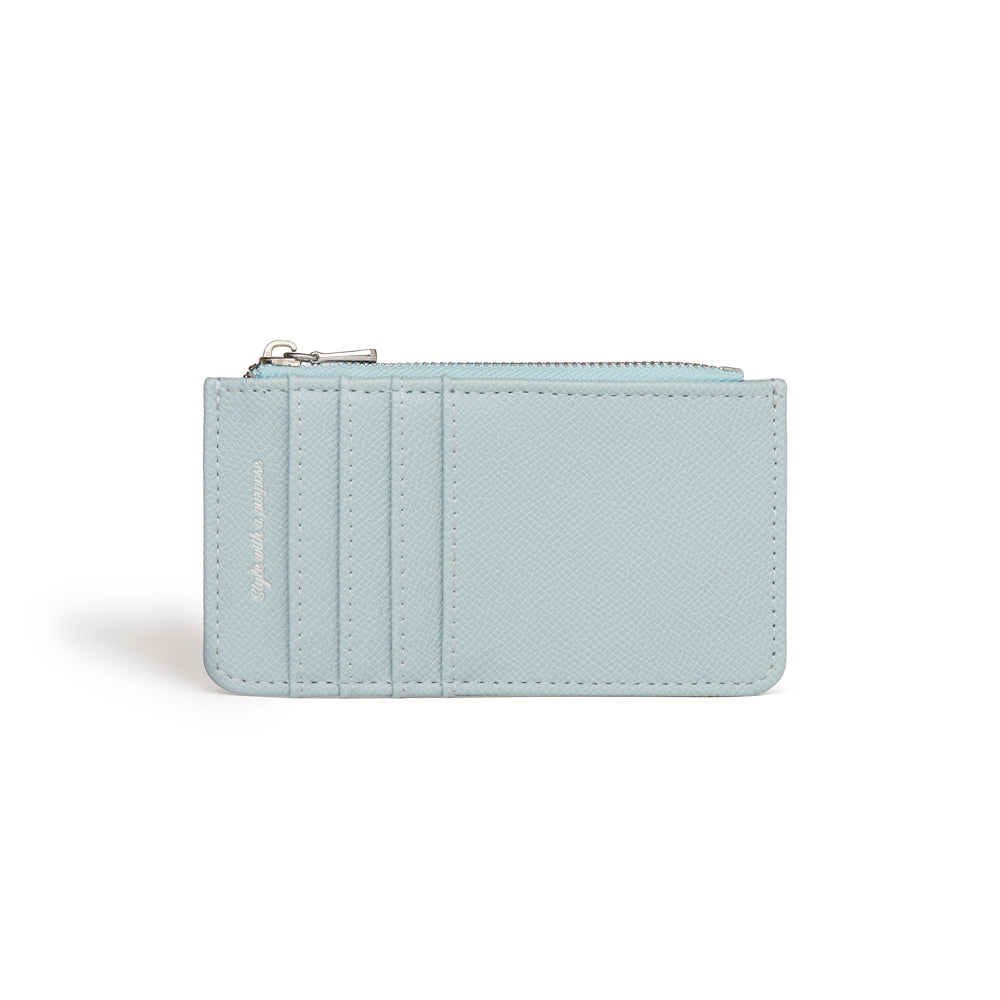 Willow Light Blue Coin and Card Holder made from vegan leather with zipped compartment and card slots.