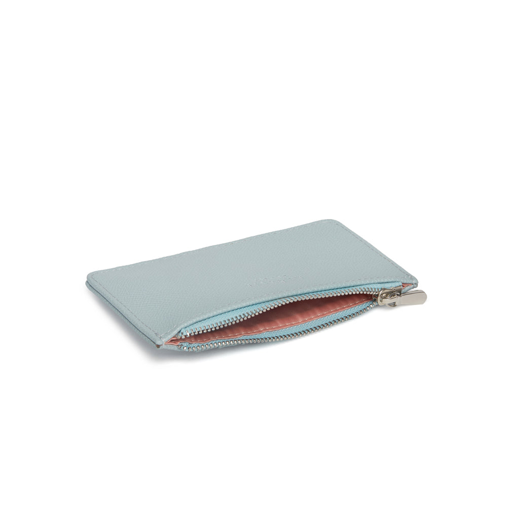 Willow Light Blue Coin and Card Holder made from vegan leather with zipped compartment and card slots.