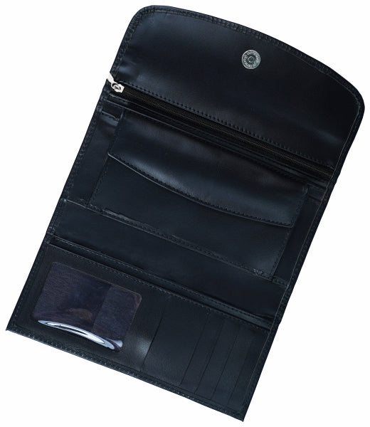 Elegant women leather clutch wallet with magnetic flip closure, designed for organizing cards, cash, and mobile phone.