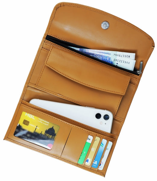 Elegant women leather clutch wallet with magnetic flip closure, designed for organizing cards, cash, and mobile phone.