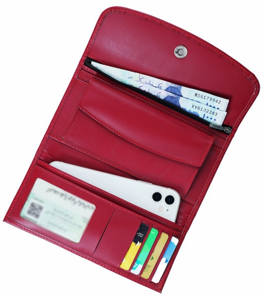 Elegant women leather clutch wallet with magnetic flip closure, designed for organizing cards, cash, and mobile phone.