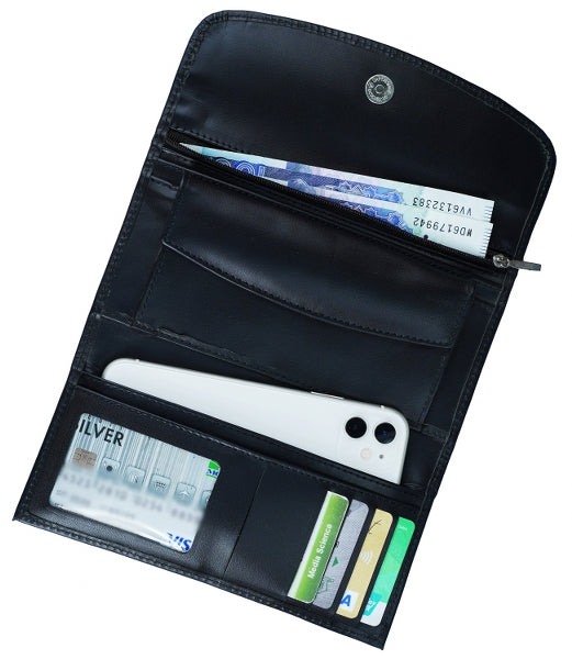 Elegant women leather clutch wallet with magnetic flip closure, designed for organizing cards, cash, and mobile phone.