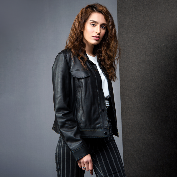 Women Premium Mukmal Official Leather Jacket made of genuine leather, featuring a stylish motorcycle design with satin lining and YKK zipper.