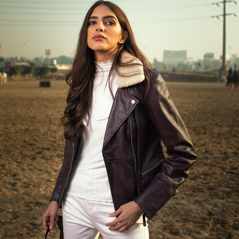 WOMEN PREMIUM MUKMAL Official Leather Jacket showcasing genuine leather, satin lining, and stylish motorcycle design.