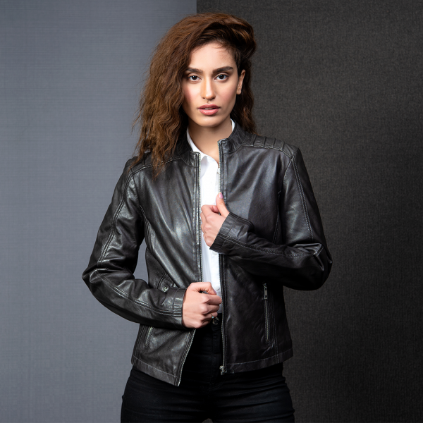 WOMEN PREMIUM MUKMAL Official Leather Jacket showcasing genuine leather, satin lining, and stylish motorcycle design.