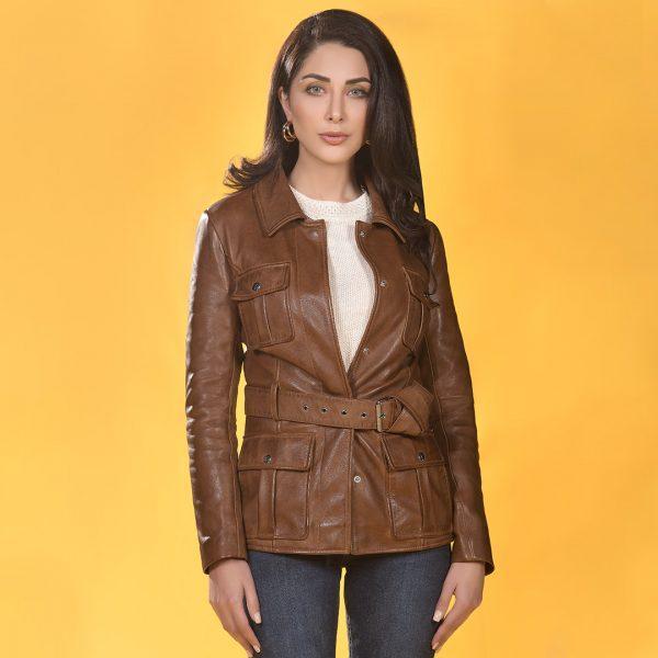 WOMEN PREMIUM MUKMAL Official Leather Jacket showcasing high-quality leather, satin lining, and stylish motorcycle design.