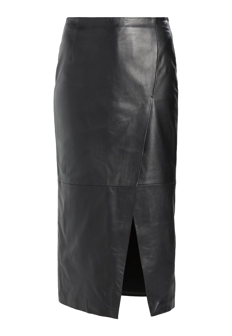 Women Real Lambskin Leather Below Knee Skirt WS113 displayed with satin lining and pockets, showcasing its elegant design and high-quality material.