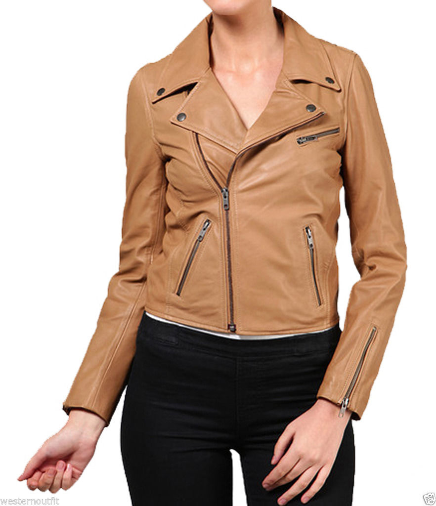 Women Real Lambskin Leather Biker Jacket KW025 featuring high-quality leather, satin lining, and stylish design with pockets.