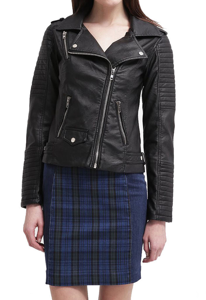 Women Real Lambskin Leather Biker Jacket KW028 featuring high-quality leather, satin lining, and stylish design with multiple pockets.