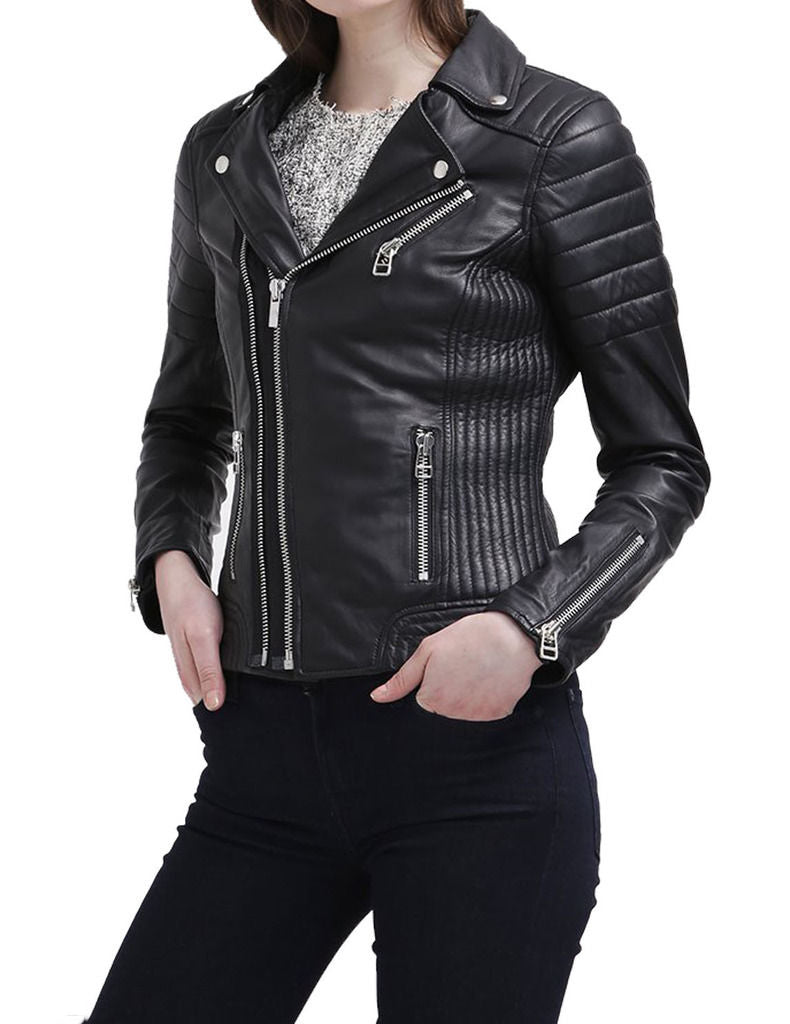 Women Real Lambskin Leather Biker Jacket KW029 featuring high-quality leather, satin lining, and stylish biker design with pockets.