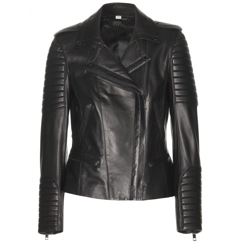 Women Real Lambskin Leather Biker Jacket KW039 featuring high-quality leather, satin lining, and stylish design with multiple pockets.